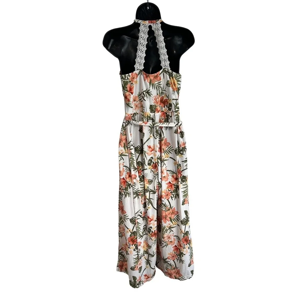 No Boundaries Junior Girls Large Tie Front Tropical Floral Halter White Jumpsuit